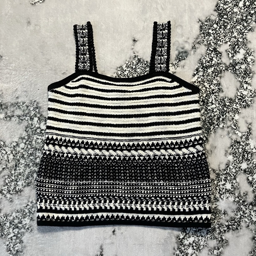 Loft Tank Top Womens Sz M Black White Striped Stitchy Strappy Sweater Knit